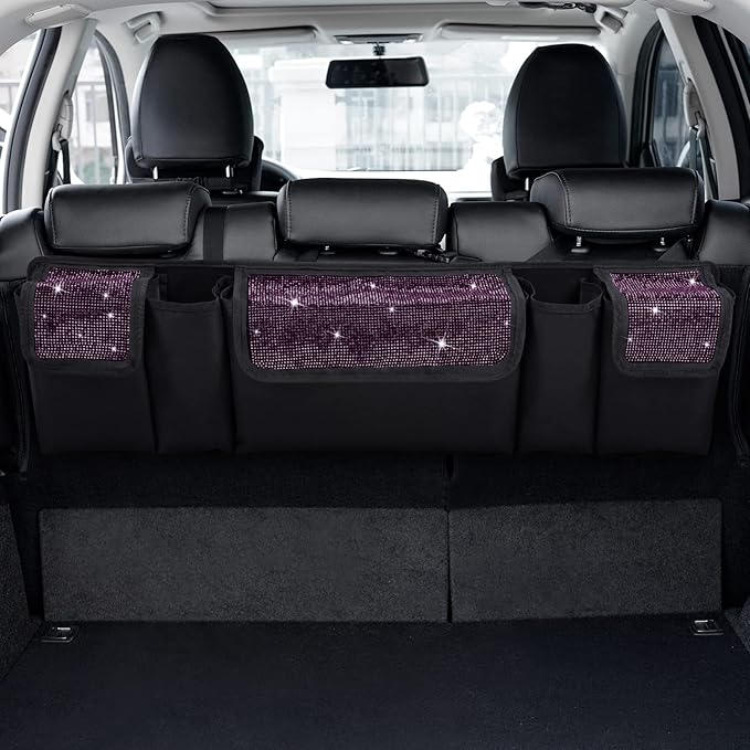eing Car Trunk Organizer and Storage, Backseat Hanging Organizer for SUV, Truck, MPV, Waterproof, Collapsible Cargo Storage Bag with 5 Pockets, Bling Car Interior Accessories for Women,Purple