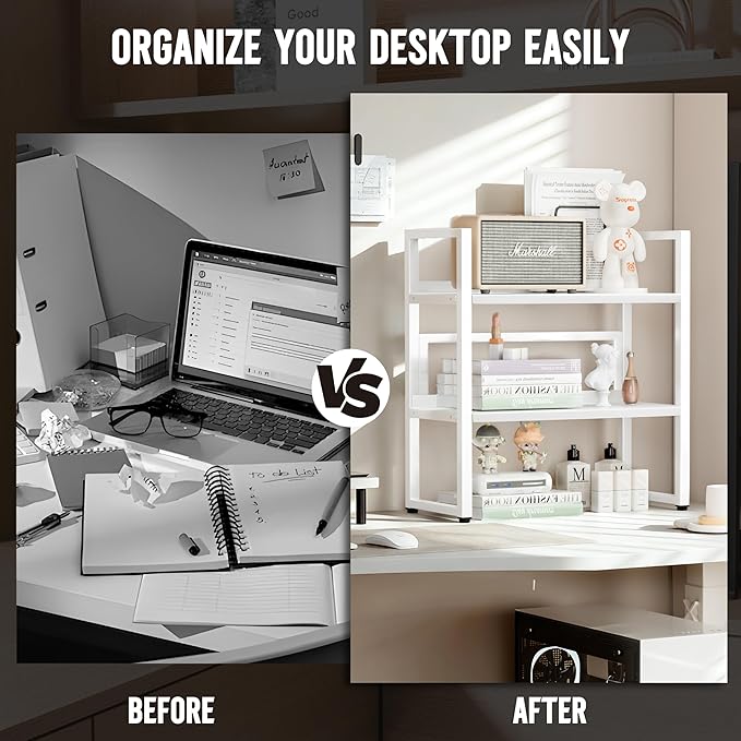 Brakki Desk Shelf Organizer, Adjustable 2 Tier Metal Desktop Shelves, Desktop Bookshelf Organization with Foot Mat, Multi-Functional Small Storage Rack for Office Dorm Home, White
