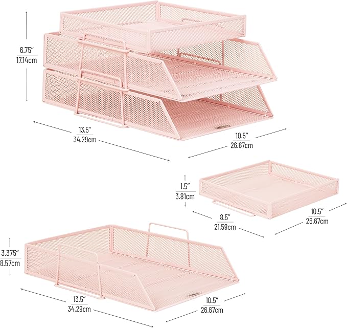 Mind Reader 2 Tier Paper Tray with Top Supply Compartment, Desktop File Organizer, Metal Mesh, Pink
