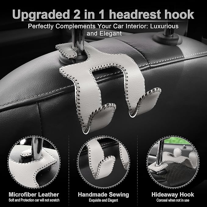 LivTee Upgraded Superior Leather Car Seat Back Headrest Hook, 2 in 1 Auto Seat Hook Hangers Holder Organization Interior Accessories for Purses Coats Umbrellas Grocery Bags Handbag (Gray)