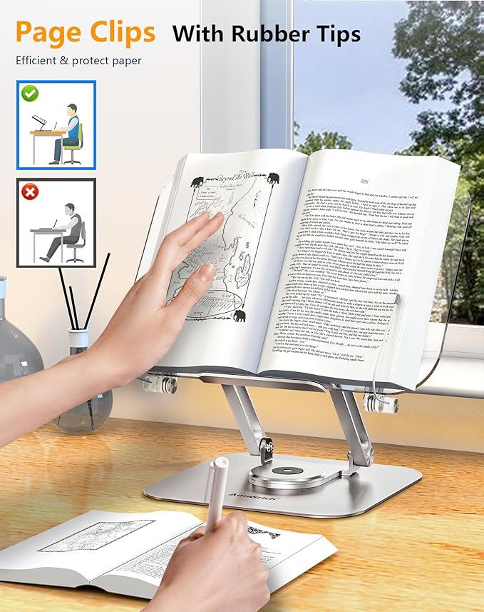 ACIsland Acrylic Book Stand for Reading-Adjustable Holder with 360° Rotating Base & Page Clips- Foldable Desktop Ricer for displaying Cookbook-Sheet Music-Laptop-Recipe-Textbook-Hands Free-Aluminium