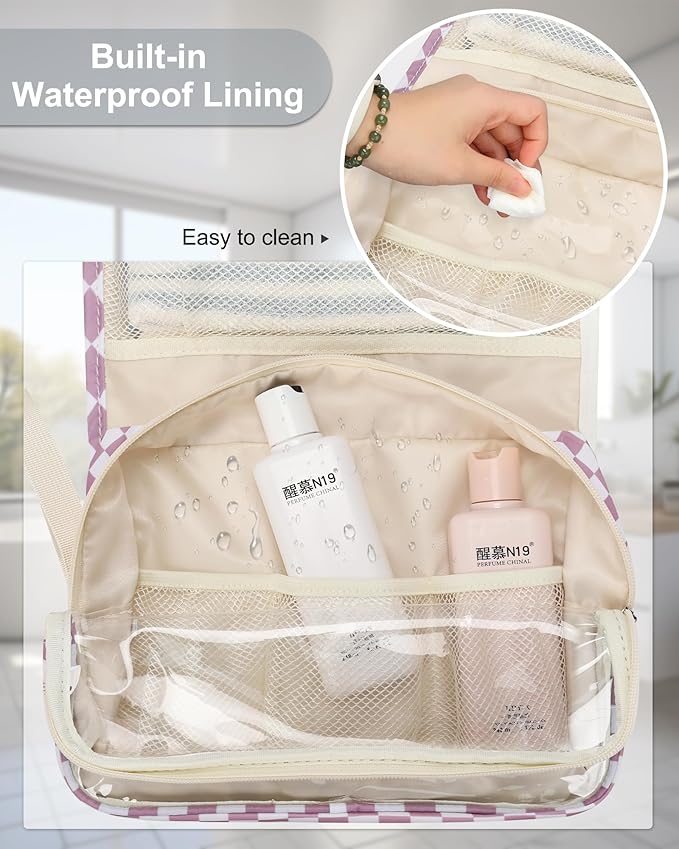 Relavel Hanging Toiletry Bag, Travel Toiletries Bag with Hanging Hook, Water Resistant Makeup Cosmetic Organizer for Full Sized Container, Shampoo, Portable Wash Bag for Essentials - Purple
