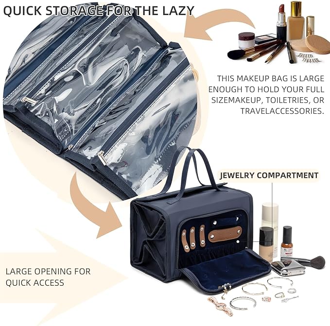 ROYALFAIR Roll Up Makeup Bag, Travel Toiletry Bag for Women with 4 Clear TSA Approved Pouches, Hanging Travel Organizer, Folding Cosmetic Bag for Men and Women (navy blue)