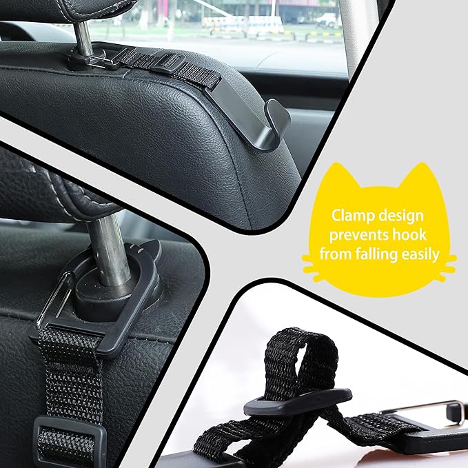 Adjustable 4-Pack Car Headrest Hooks Cute Cat Pattern Universal Seat Back Organizer with Clip for Purses Bags Groceries Black