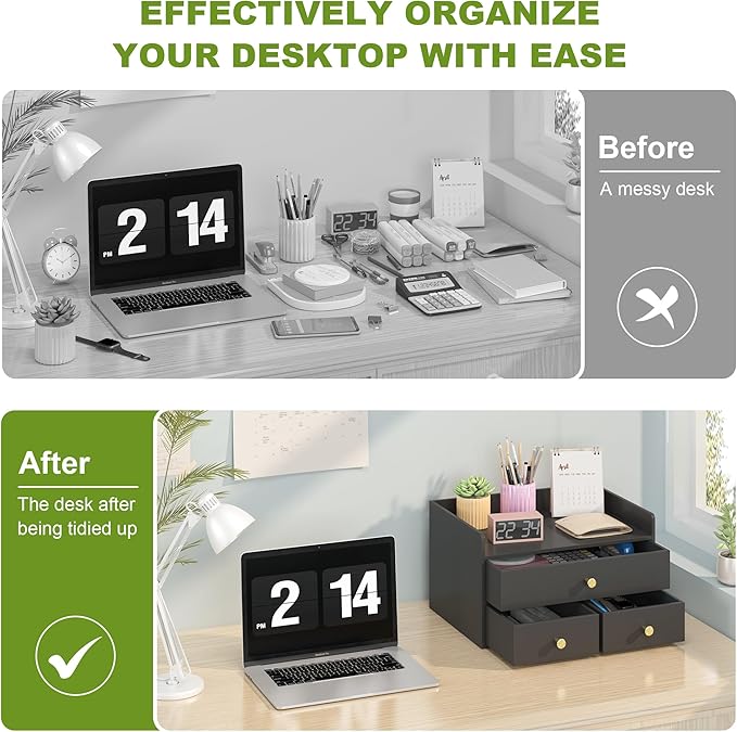 Bamboo Desk Organizer - Stackable, No Assembly Required, Ideal for Office/Home Use - Perfect for Toiletries, Stationery, Accessories. (Black, Fence three Desk Organizer)