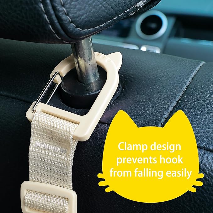 Amooca Car Headrest Hooks 4 Pack Adjustable Universal Fit Auto Seat Back Organizer Storage Hanger Purse Bags Holder with Clip Beige