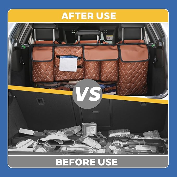 Backseat Hanging Organizer with Large Storage Bags | PU Leather, Large Capacity | Adjustable Straps, Waterproof & Collapsible | Universal Fit for SUVs, Sedans & Trucks | Brown, 37.8" x 18.1" - P810