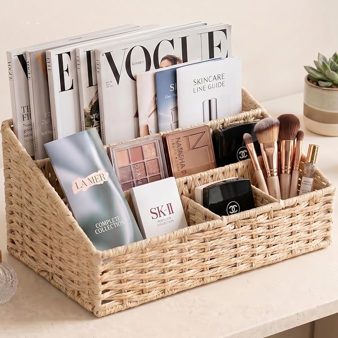 Rattan Mail Organizer - Countertop, Desk, Bills, Woven Basket, Magazine Holder, Mail Sorter, Hobo Organizer，Beige