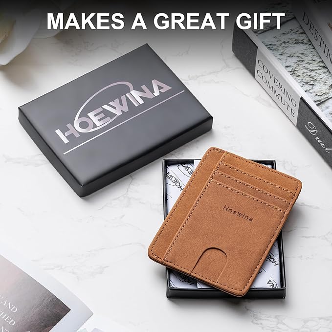 Hoewina Slim Wallet for Men, Credit Card Holder Wallet, Minimalist Design - RFID Blocking Front Pocket Leather Thin Wallet for Men and Women(Mist Coffee)