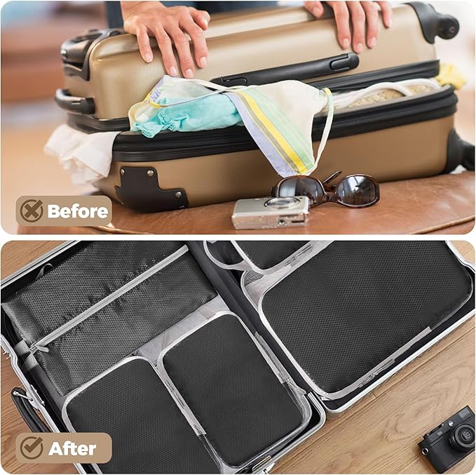 4 Set Compression Packing Cubes for Suitcase - Space-Saving Luggage Organizer Bags, Lightweight Travel Essentials for Efficient Packing (Black)
