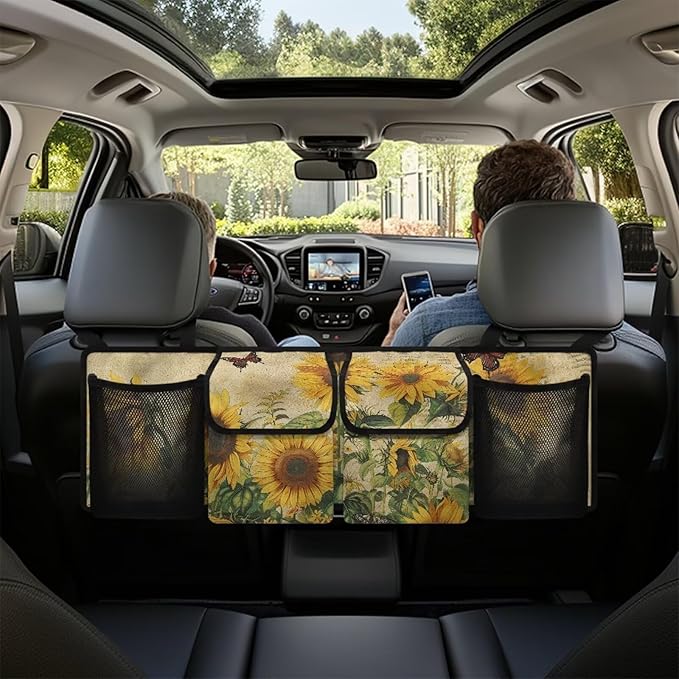 Yellow Sunflower Car Trunk Organizer, Backseat Hanging Large Storage with 4 Pockets & 3 Adjustable Straps Waterproof Cargo Bag Provides More Space for Groceries