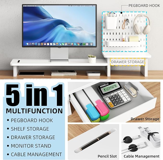 Pegboard Monitor Stand Riser,Computer Monitor Stand with 2 Hooks Cable Management Desk Organizer and Drawer for Laptop,PC,Computer,Printer,White