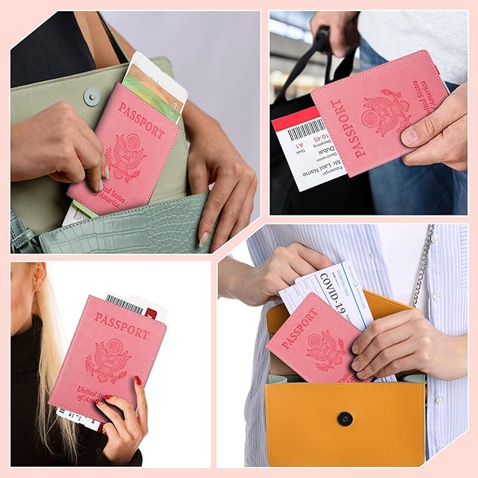 Passport Holder for Travel Men Women - Passport Cover, Passport Wallet Case Travel Essentials Travel Must Haves Accessories Blocking Leather Card Slot Protector for Stocking Stuffers Gifts, Pink