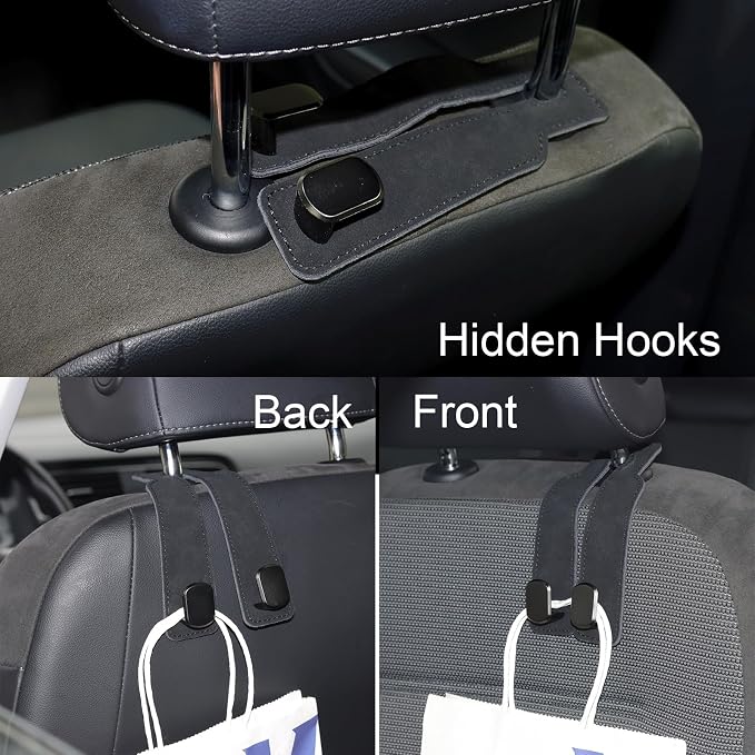 Car Seat Hooks for Headrest, Purse Hook & Back Storage Hook, Zinc Alloy & Suede Material Heavy Duty Car Hooks for Purses and Bags,Universal Fit for Most Vehicles (Black-2 Pack)