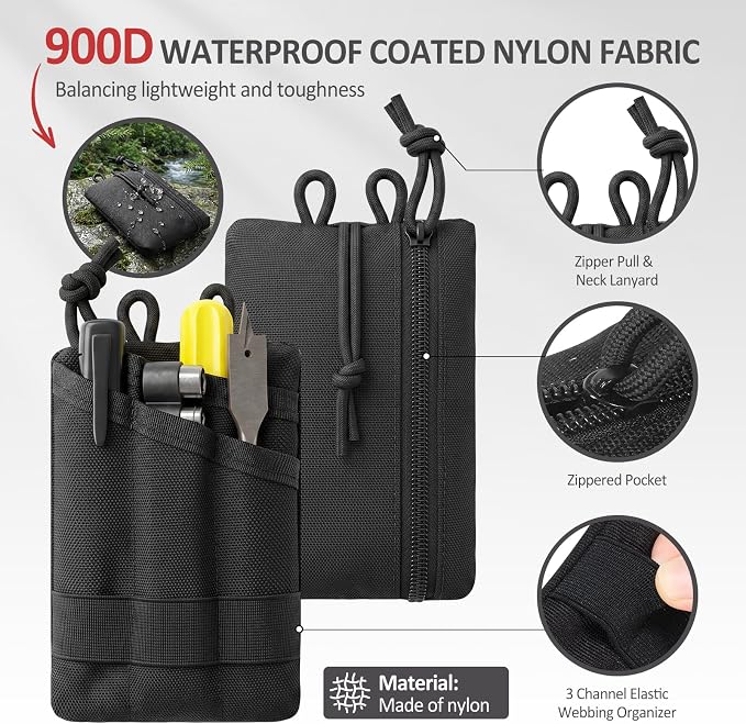 EDC Pouch Organizer, Compact Pocket Wallet with Lanyard for Men, Utility Tool Pouch for Multitool, Flashlight, Pen, Notebook, Rugged 900D Nylon