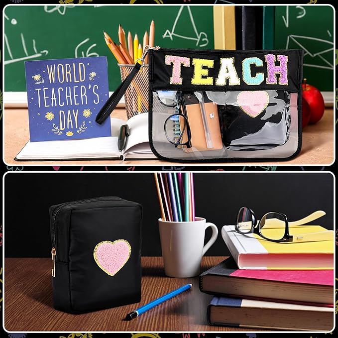 Hillban 2 Pcs Teacher Appreciation Gifts Teach Chenille Letter Clear Makeup Bag Pouch, Monogram PVC Clear Zipper Pouch with Wristlet Travel Cosmetic Bag Graduation Retirement Teacher Gifts for Women