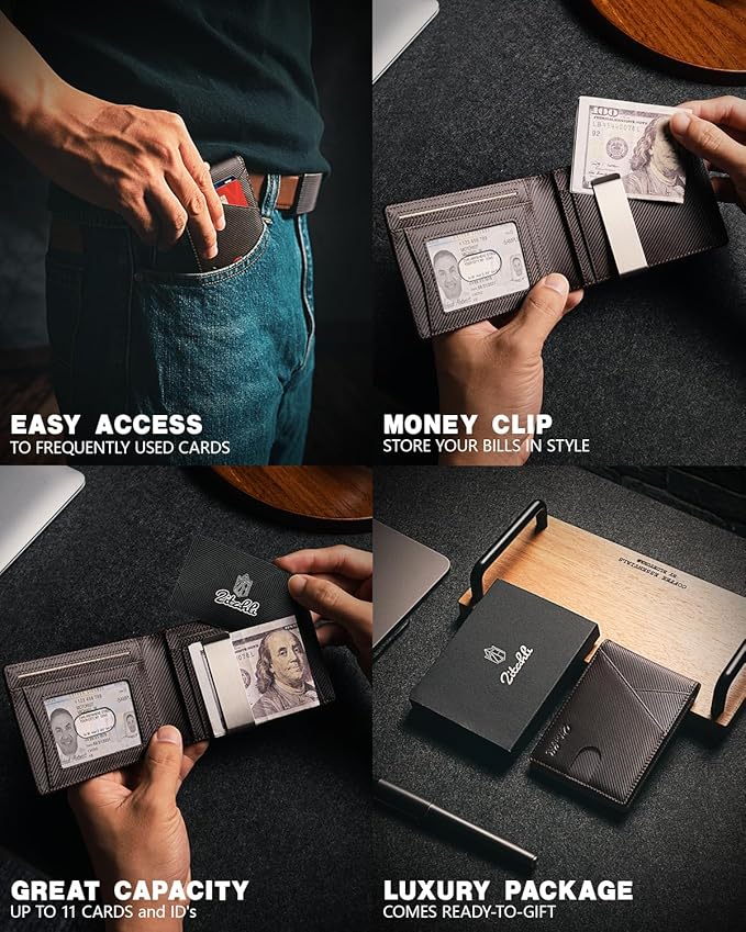 Zitahli Wallet for Men - with Money Clip Slim Leather Slots Credit Card Holder RFID Blocking Bifold Minimalist Wallets with Gift Box