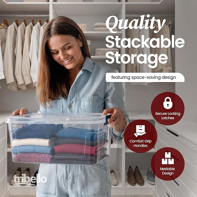 Tribello Plastic Storage Bins with Lids, Clear Stackable Storage Containers - 21 Qt
