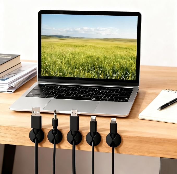 Desk Cord Cable Holder Clips, Adhesive Charging Cord Wire Organizer Keeper Holder for Nightstand, Desk, Office or Mouse with 1 Power Strip Holder