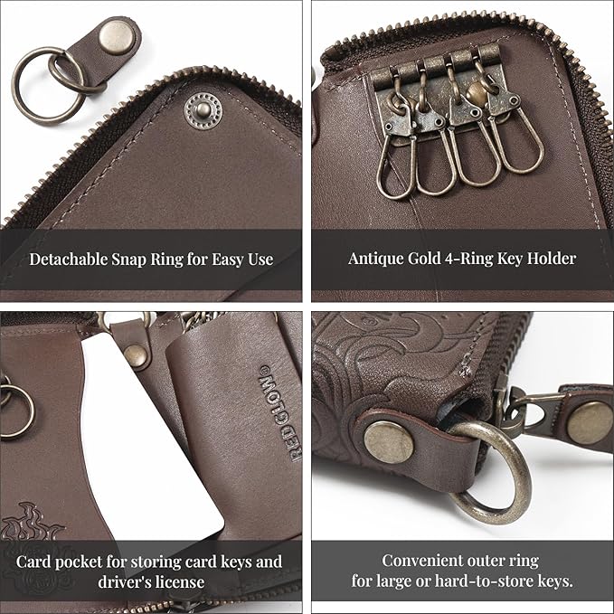 Red Glow Men’s Genuine Leather Smart Key Case, Multi-Function Dragon Pattern with 4 Key Rings & Removable Ring (RG-009)