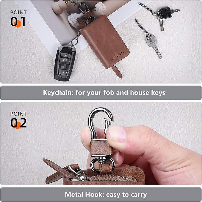 VISOUL Car Key Case Holder Double Zipper, Leather Car Smart Key Fob Case with Keychain for Men and Women