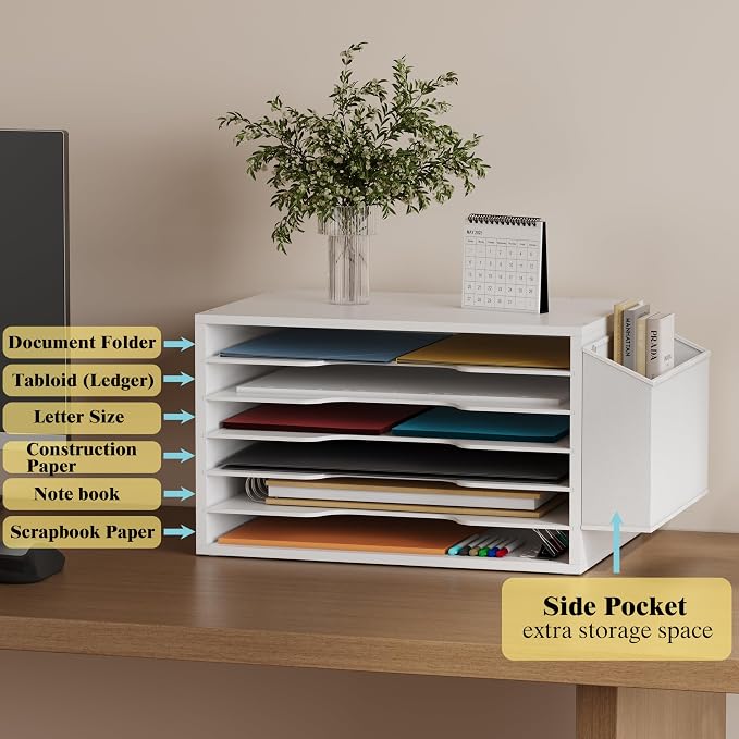 Unionly 12x18 Construction Paper Organizer,6-Tier Adjustable Literature Organizer,Large Wooden File Sorter with Side Pocket,Office Mailbox for Home,Classroom,Office (White, Large 6 Slots)