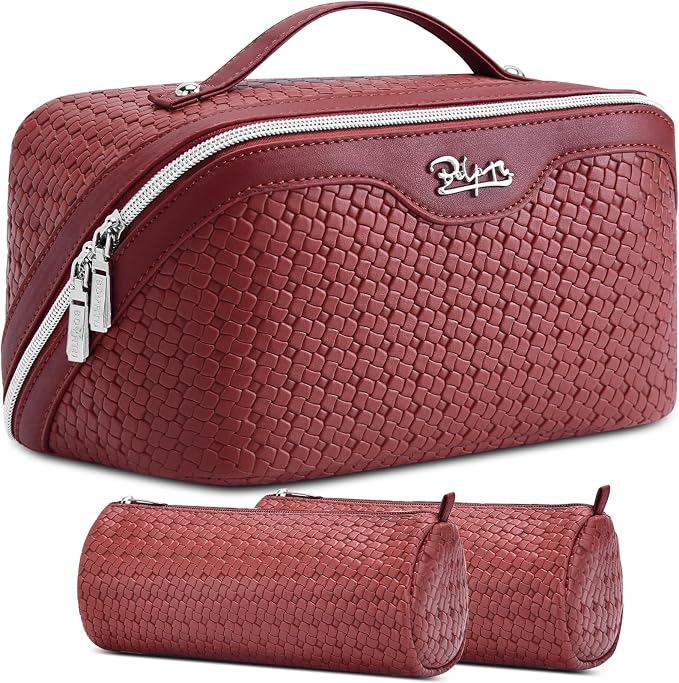 BOYATU Travel Makeup Bag Cosmetic Bags for Women: Large Capacity 3 Pcs Set Make up Bag with Compartments - Waterproof Vegan Leather Toiletry Organizer Bags with Handle (L52Burgundy)