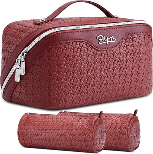 BOYATU Travel Makeup Bag Cosmetic Bags for Women: Large Capacity 3 Pcs Set Make up Bag with Compartments - Waterproof Vegan Leather Toiletry Organizer Bags with Handle (L52Burgundy)