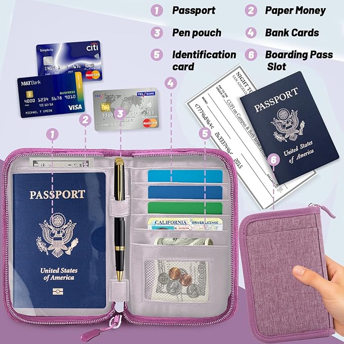 Passport Holder for Travel Essentials, RFID Blocking Protector Passport Wallets, Passport Document Organizer Case for Travel Must Have, Passport Book for Women, Couple, Family Cards, Tickets, ID, Cash