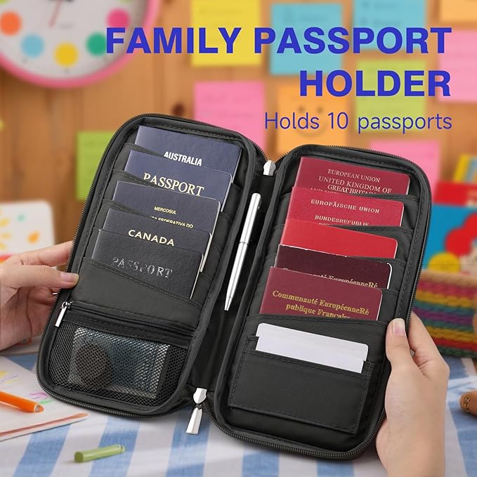 WALNEW Passport Holder Travel Family for 10, RFID-Blocking Wallet and Document Organizer Passports with Zipper, for Cards, Boarding Passes, Money, Tickets, Travel Essentials, Black