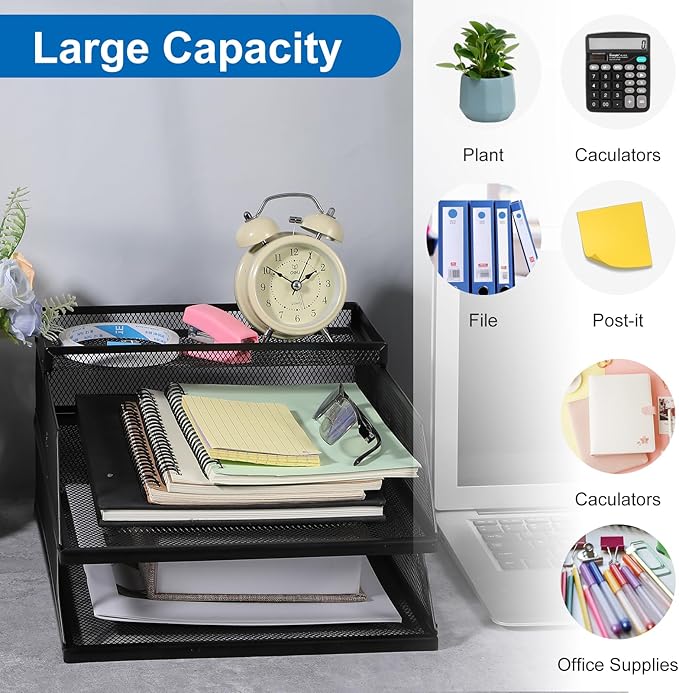 2-Tier Stackable Paper Tray Organizer with Top Tray, Metal Mesh Desktop File Holder & Document Sorter for Office, Home, Learning Places (Black)