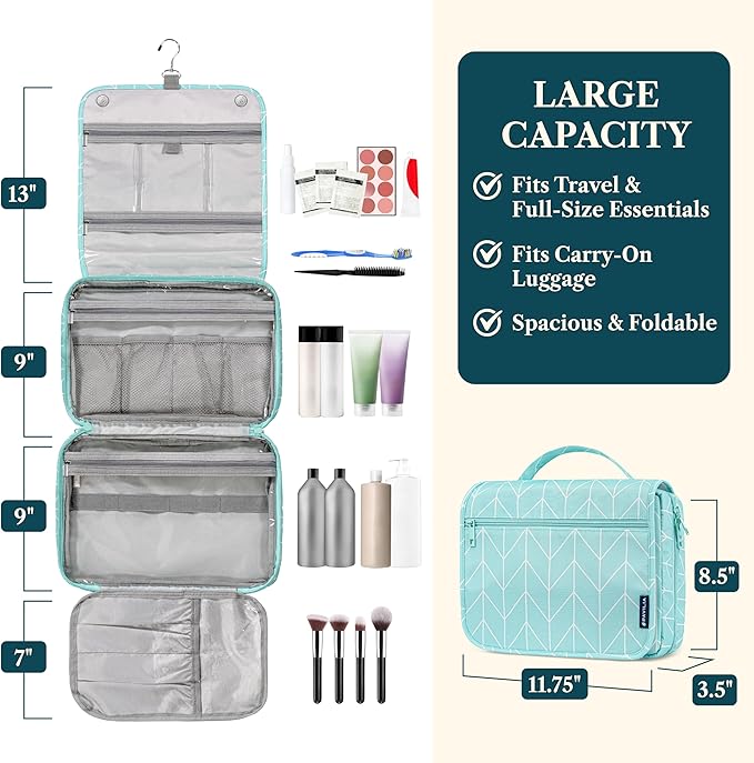 PAVILIA Hanging Toiletry Bag Women Men, Foldable Cosmetic Organizer Travel Bag, Water Resistant Makeup Bag Toiletries, Large Travel Essentials Kit (Teal Chevron)