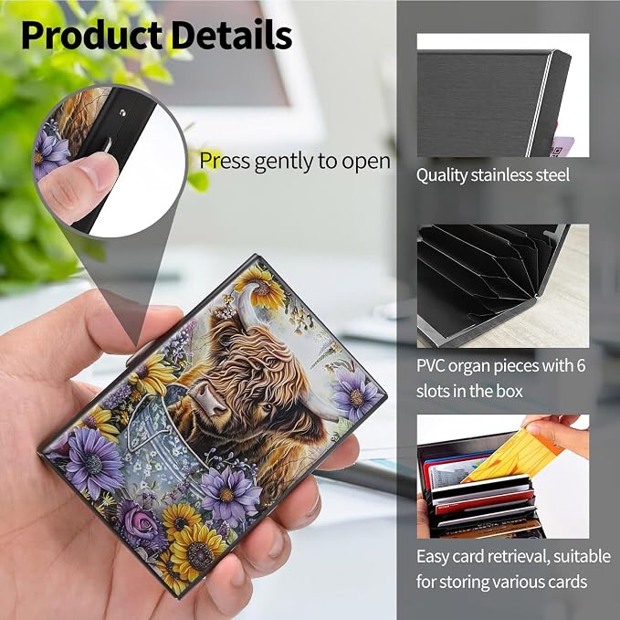 Metal Wallet, Credit Card Holder for Women Men Girls, RFID Blocking Aluminum Wallet Slim Hard Case, Mini Travel Wallet, ID Card Holder Business Card Case,Cow Art