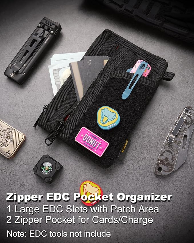 VIPERADE VE38 EDC Pocket Organizer, Slim EDC Wallet with 2 Zipper Pockets, EDC Pouch - 3 EDC Slots with 1 Larger Pocket for Flashlight, Multitool, Pen, Notebook