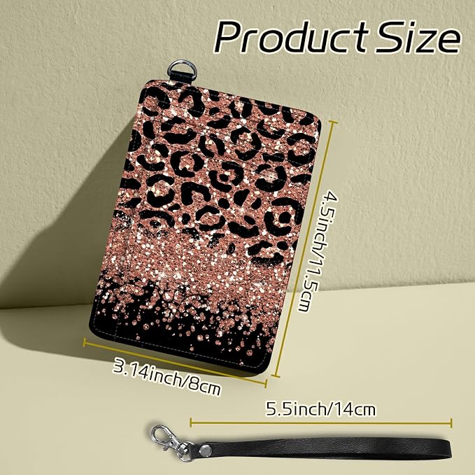 Small Travel Wallets, Leopard Glitter Slim Minimalist Front Pocket Wallet with Wristlet, RFID Blocking PU Leather Credit Card Holder with ID Window Change Purse for Men Women