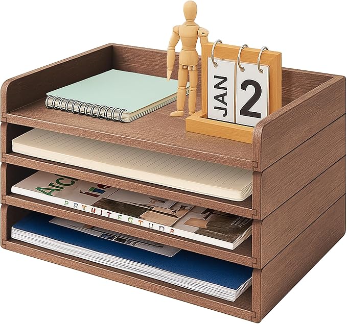 PROLEE Wooden Paper Tray Organizer for Desk,Stackable Paper Holder and Letter Tray,4-Tier Desktop File Storage Rack for Study,Home and Office(Walnut,14" x 9.5" x 2.5")