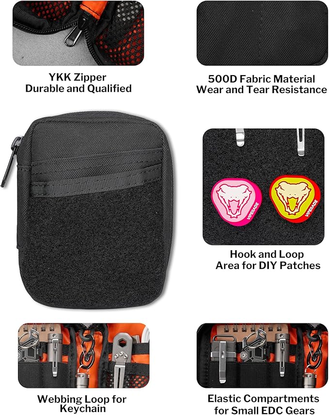 VIPERADE VE31 Small EDC Pouch, Men's Pocket Organizer, Small EDC Organizer Multitool Pouch for Camping/Hiking/Bushcraft (Black)