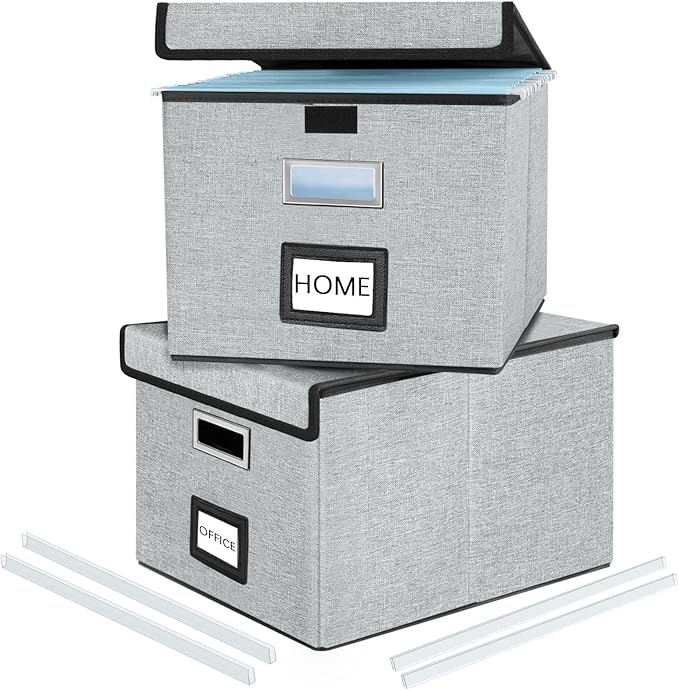Collapsible File Storage Organizer Boxes with Lids, Portable Large Linen Hanging Filing Storage Boxes, Decorative Home/Office Filling System for File and Folder Storage (Grey)-2 Pack