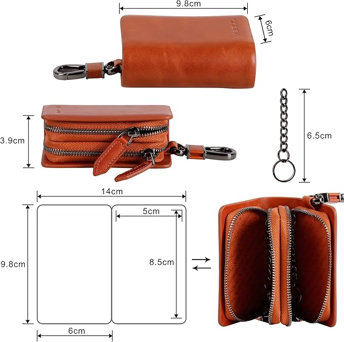 VISOUL Car Key Case Holder Double Zipper, Leather Car Smart Key Fob Case with Keychain for Men and Women