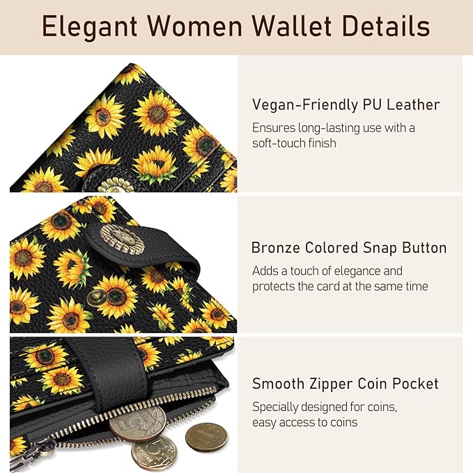 Kelvoris Sunflower Small Rfid Women Wallet Bifold Zipper Coin Pocket PU Leather Compact Cash Credit Card Holder Travel Wallet for Female Ladies Teen Girls 1 ID Window 10 Card Slots