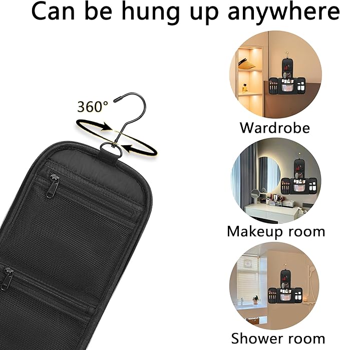 Hanging Travel Toiletry Bag for Men and Women with Metal Swivel Hook, Large Travel Makeup Organizer for Full Sized Cosmetics and Toiletries, Water-Resistant Bathroom Toiletery Bags, Black