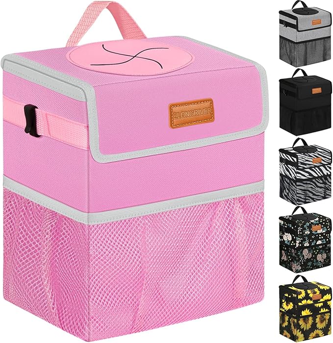 ELONGRIVER Car Trash Can Bin for Back Seat Leak Proof, Cute Car Trash Bag Hanging, Vehicle Trash Can for SUV Truck Van, Automotive Garbage Cans Front Seat Pink