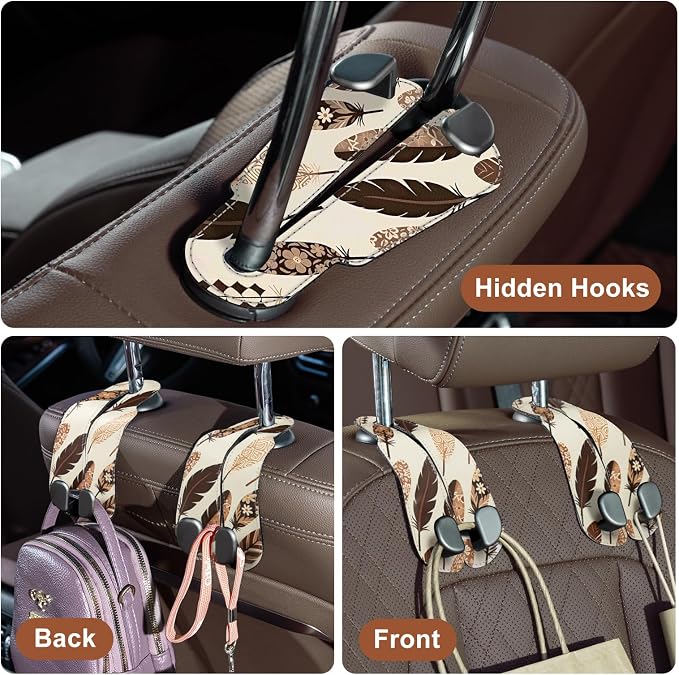 CoBak Purse Hook for Car - Universal Premium Stitched Leather and Aluminum-Magnesium Alloy Double Car Seat Back Storage Hook for Purses, Handbags, Bags (2 Pack),Feather