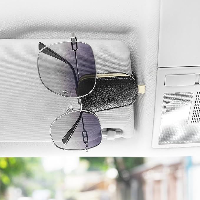 SINGARO Sunglasses Holder for Car, Leather Magnetic Buckle Sun Visor Sunglass Clip, Ticket Card Storage Glasses Clip, Car Interior Accessories for Men and Women（2PCS Black-Beige）
