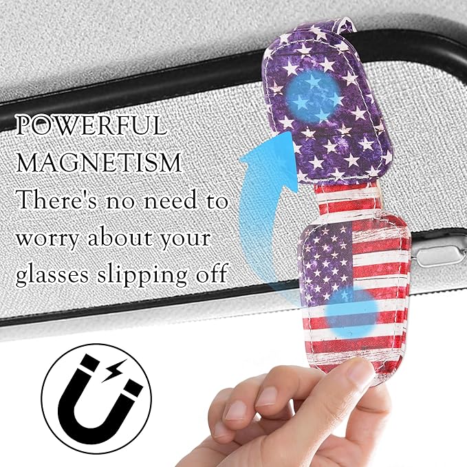 HemerVows Sunglass Holder for Car, Vintage American Flag Print Magnetic Leather Visor Sunglasses Holder Clip, Universal Sun Visor Accessory Eyeglass Clip for SUV Pickup Truck