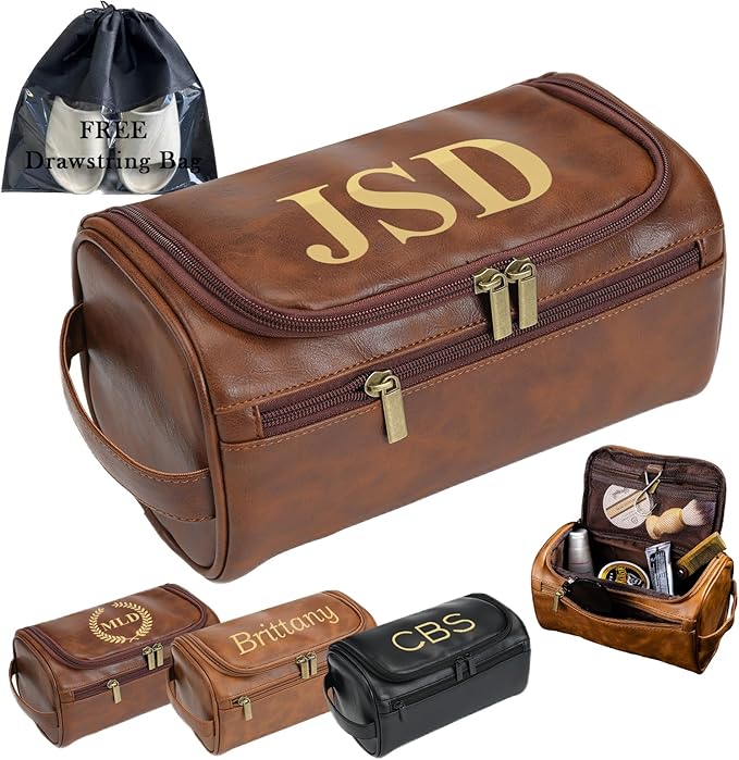 Personalized Leather Toiletry Bag for Men, Large Capacity Toiletry Travel Bag, PU Leather Waterproof Shaving Toiletry Bag, Travel Essentials Customized Gifts for Husband (Style 3)