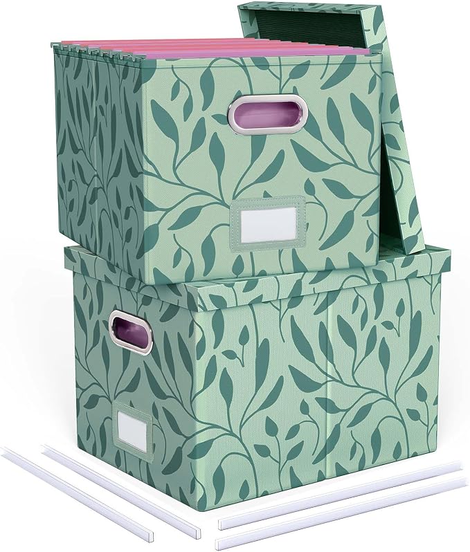 Oterri 2 Pack File Storage Organizer, Document Organizer, Portable File Box with Lid, Fit for Letter/Legal File Folder Storage,Leaf Green-Box only