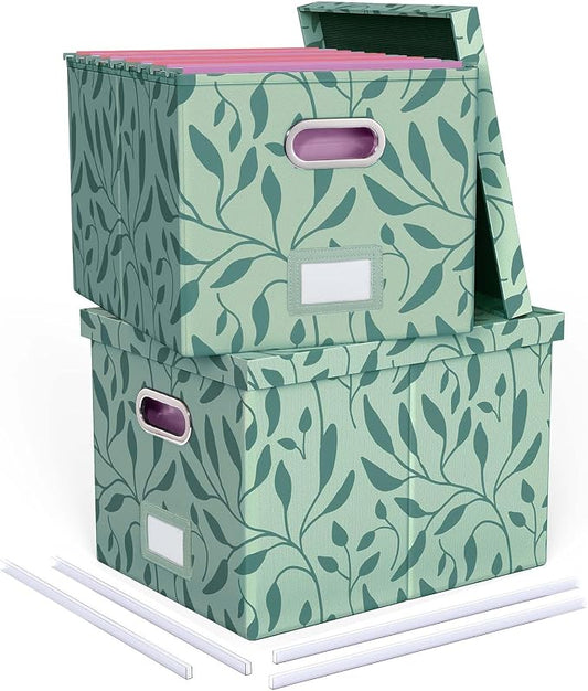 Oterri 2 Pack File Storage Organizer, Document Organizer, Portable File Box with Lid, Fit for Letter/Legal File Folder Storage,Leaf Green-Box only
