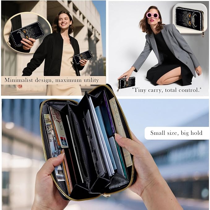 Zip Around Wallets for Women with Detachable Wrist Strap, Large Capacity RFID Blocking Leather Purse Organizer Card Holder Wristlet,Beautifull Owl Abstract
