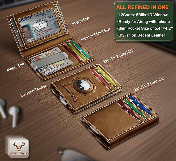 BULLIANT Men Airtag Wallet,Slim Wallet Money Clip Card Holder Magnetic Closure 12 Cards in Front Pocket RFID Blocking